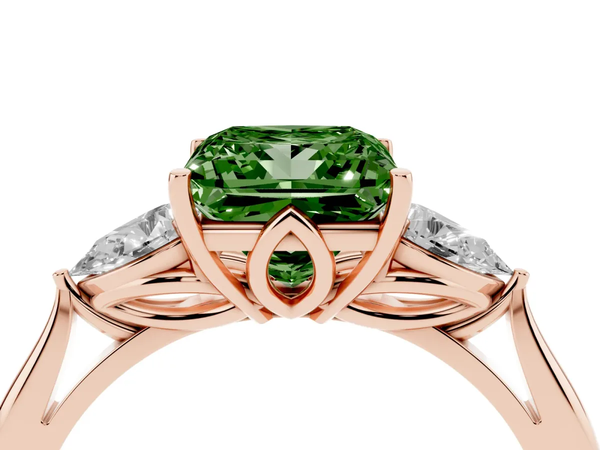 Fancy Green Three-Stone Princess Cut Diamond Ring with Pear Side Stones in Four-Prong Setting Rose gold
