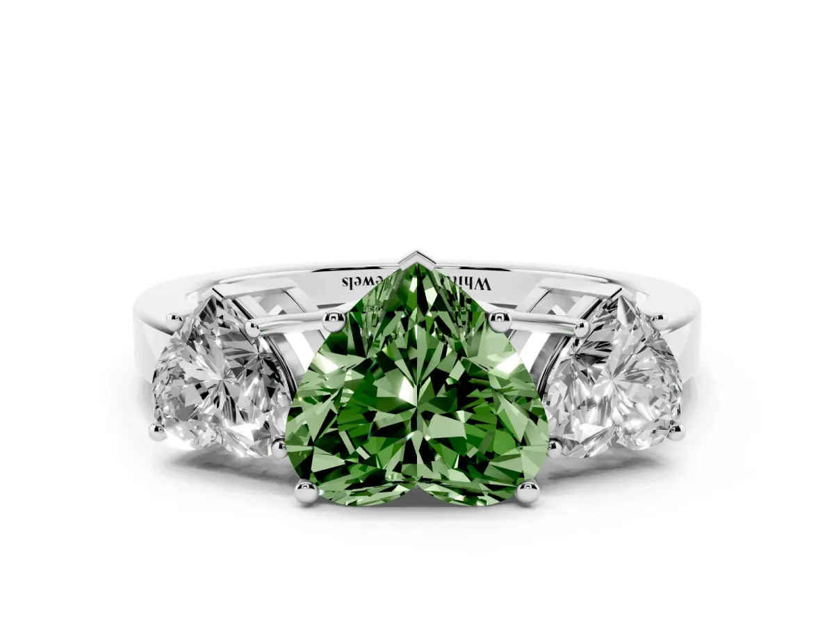 Fancy Green Three-Stone Heart Cut Cut Diamond Engagement Ring with Flat Band and Four-Prong Setting Silver