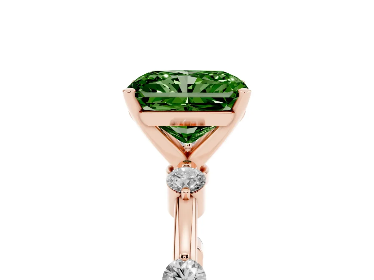 Fancy Green Radiant Cut Solitaire Diamond Ring with Bezel Set Side Stones and Prong Setting Rose gold