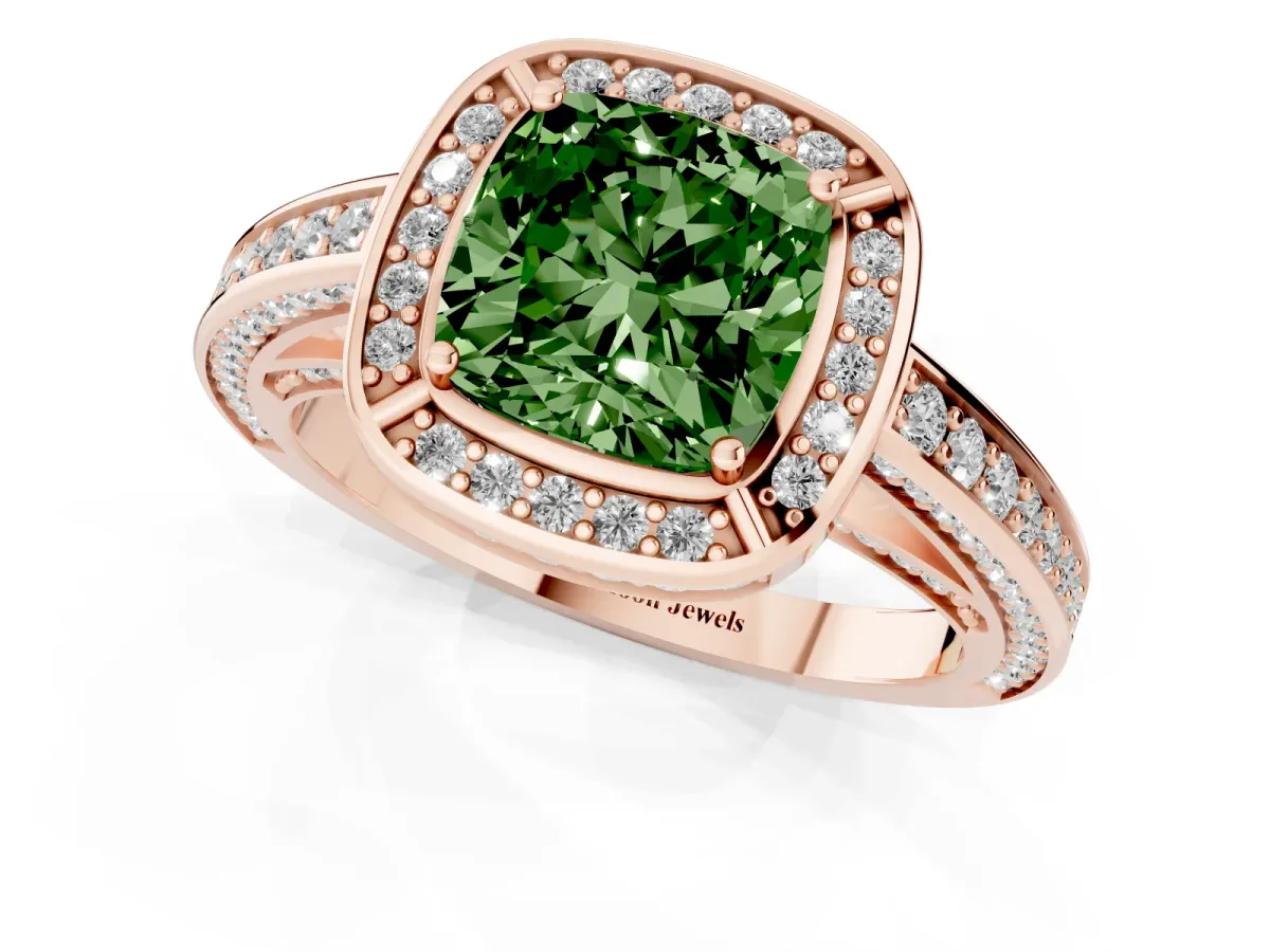 Fancy Green Cushion Cut Cut Halo Pave Split Shank Prong Setting Ring Rose gold