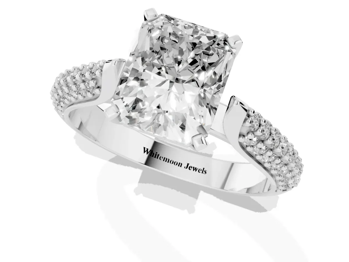 Radiant Cut Diamond Solitaire Engagement Ring with Multi-Row Round Pavé Band and Prong Setting Platinum