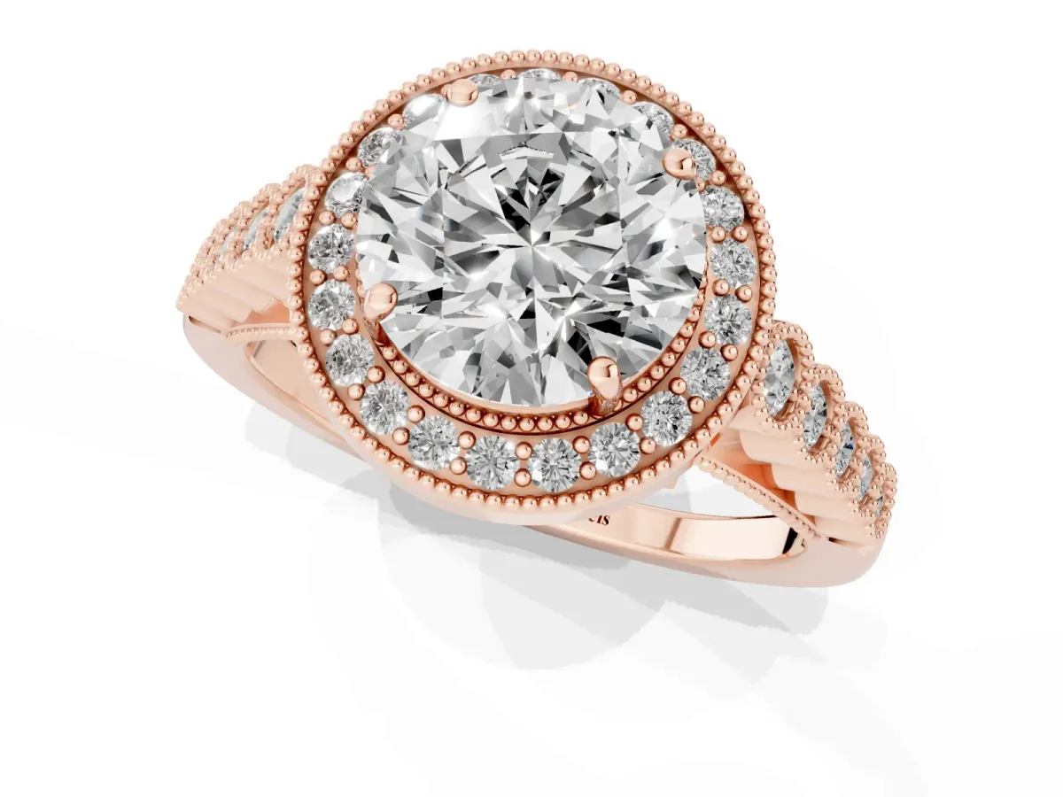 Round Cut Halo Milgrain Solitaire with Bezel Set Side Stones and Pave Band Rose gold
