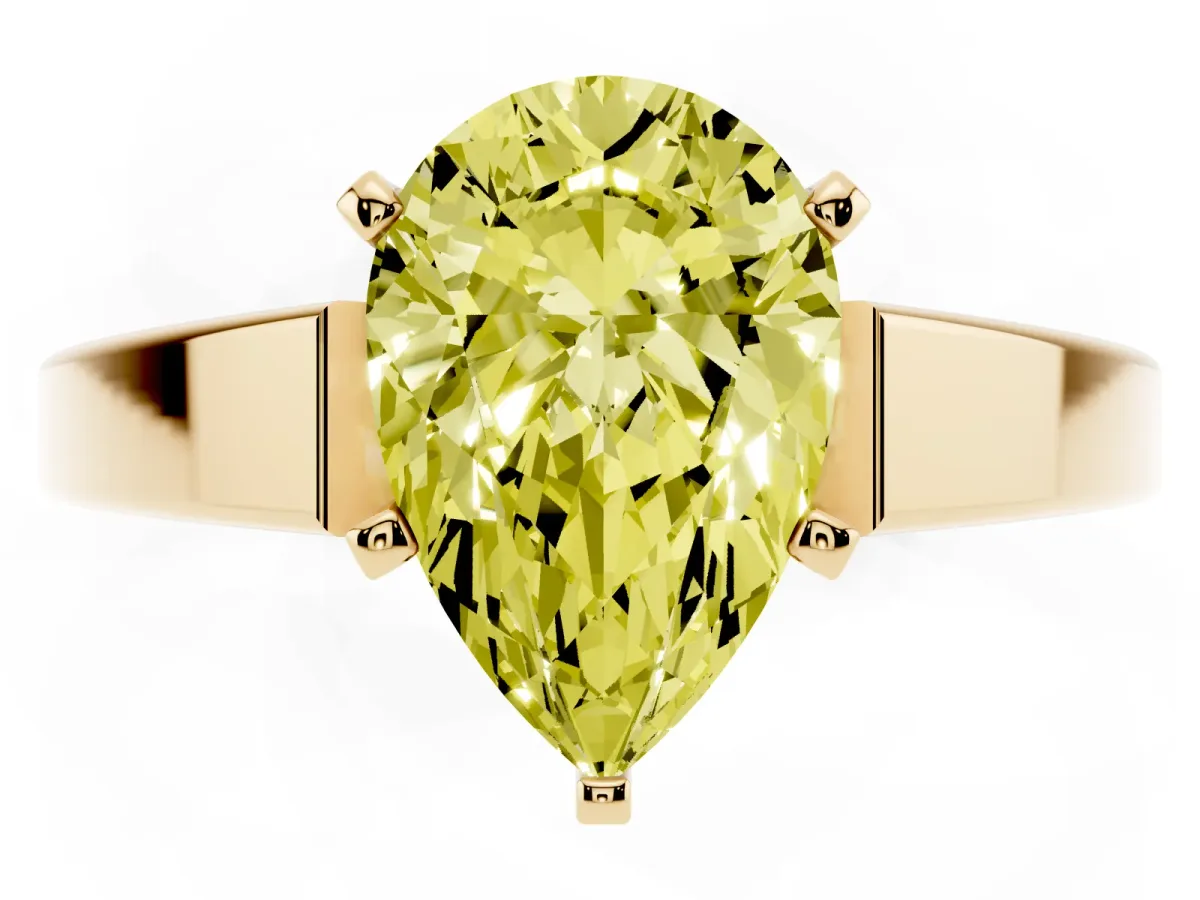 Fancy Yellow Pear Cut Solitaire Engagement Ring with Four-Prong Setting and Tapered Band Yellow gold