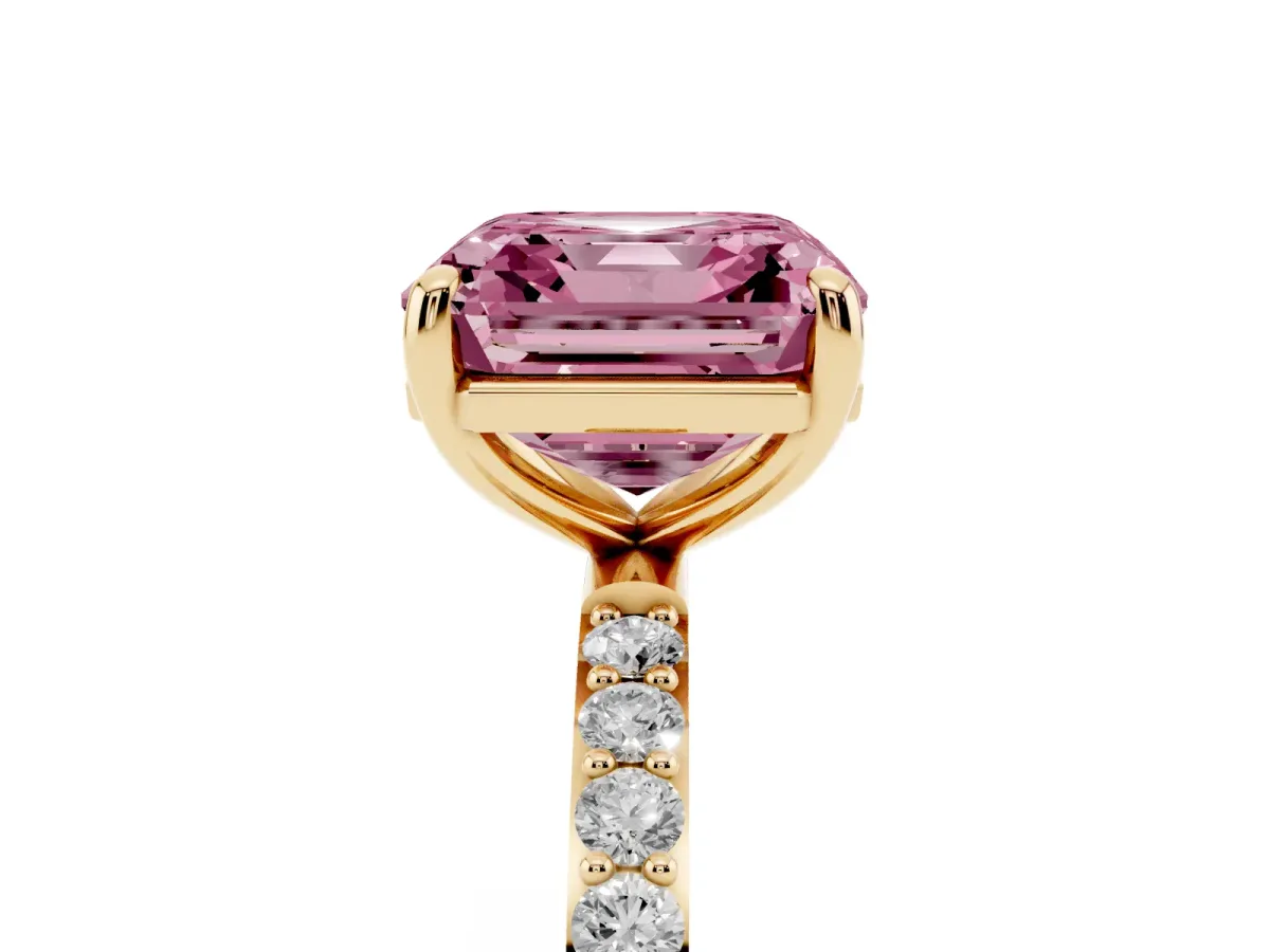 Fancy Pink Asscher Cut Diamond Solitaire Ring with Round Pavé Band and Prong Setting Yellow gold
