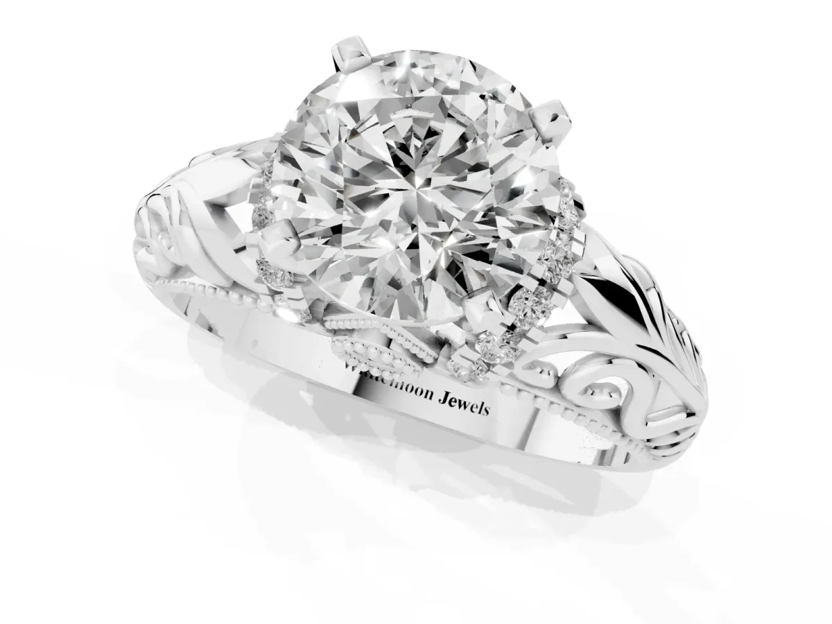 Round Cut Solitaire Filigree Engagement Ring with Halo and Prong Setting Platinum