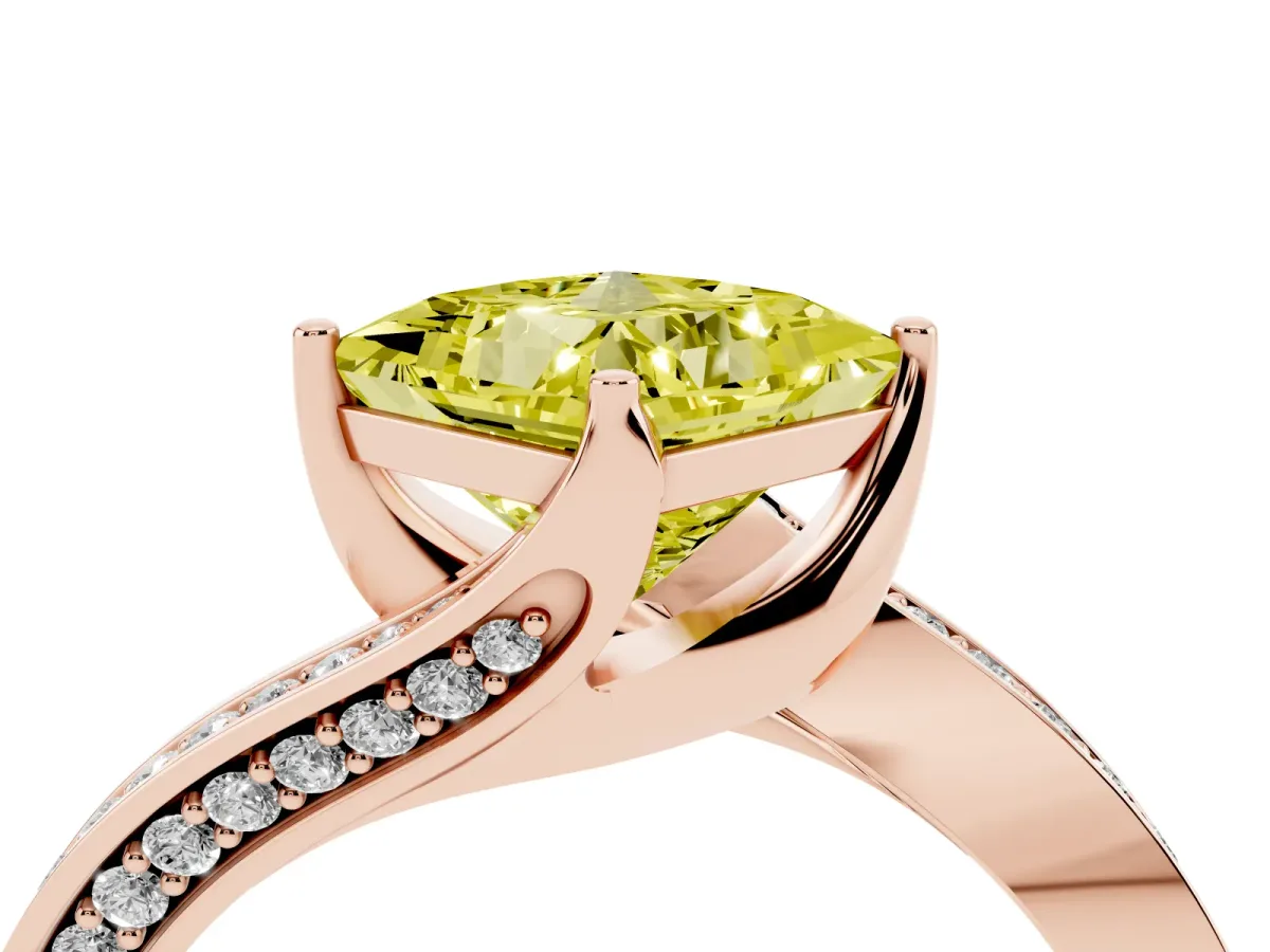 Fancy Yellow Princess Cut Solitaire Diamond Twist Band with Pavé Setting and Four-Prong Setting Rose gold