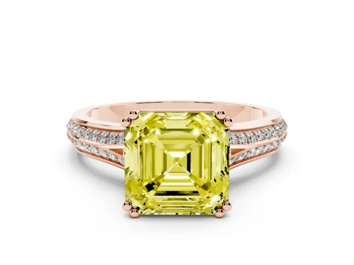 Fancy Yellow Asscher Cut Diamond Split Shank Engagement Ring with Pavé Band Rose gold