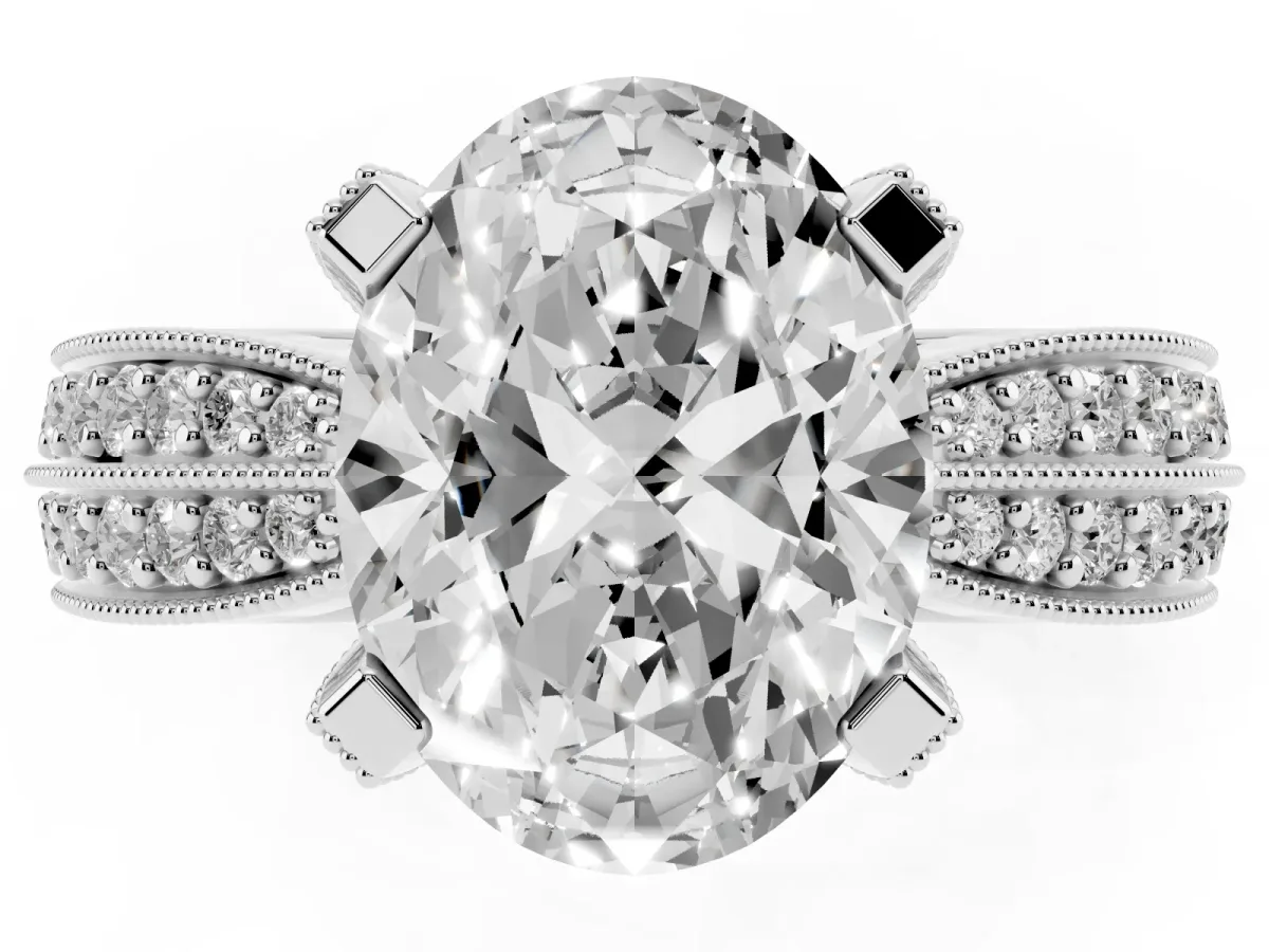Oval Cut Diamond Solitaire Ring with Milgrain Round Pavé Band and Prong Setting Platinum