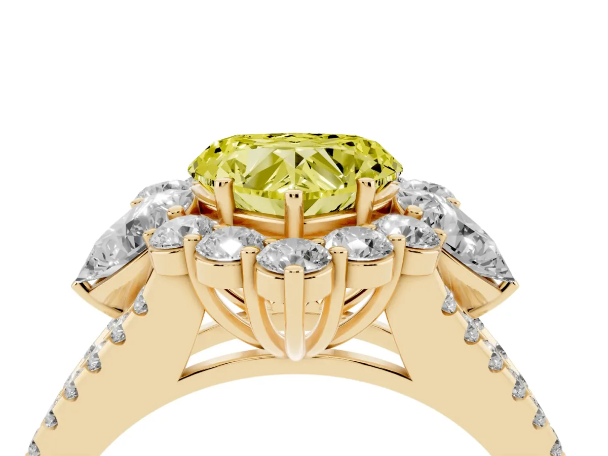 Fancy Yellow Heart Cut Halo Split Shank Diamond Engagement Ring with Prong Setting Yellow gold