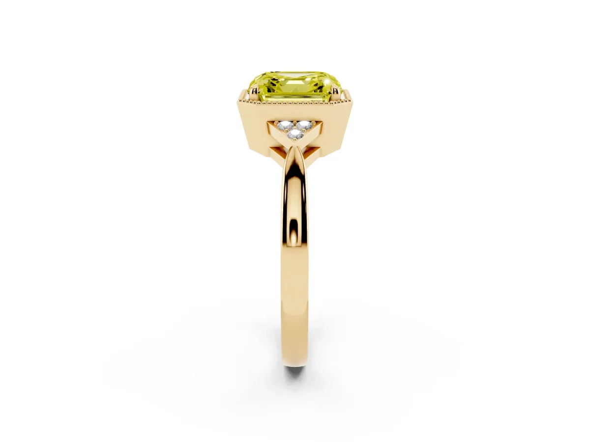 Fancy Yellow Milgrain Asscher Cut Cut Diamond Ring with Tapered Pave Band and Four Prong Setting Yellow gold