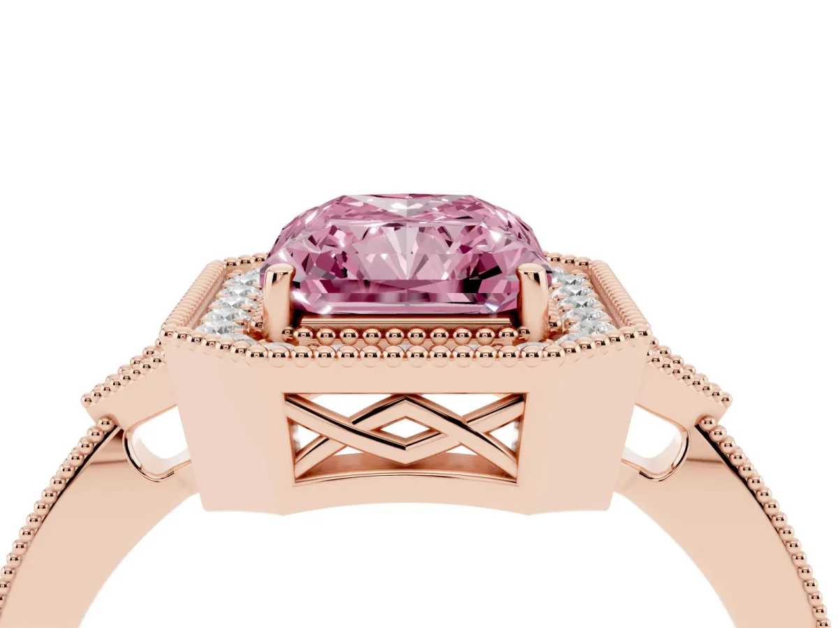 Fancy Pink Radiant Cut Halo Round Diamond Milgrain Pave Engagement Ring Rose gold