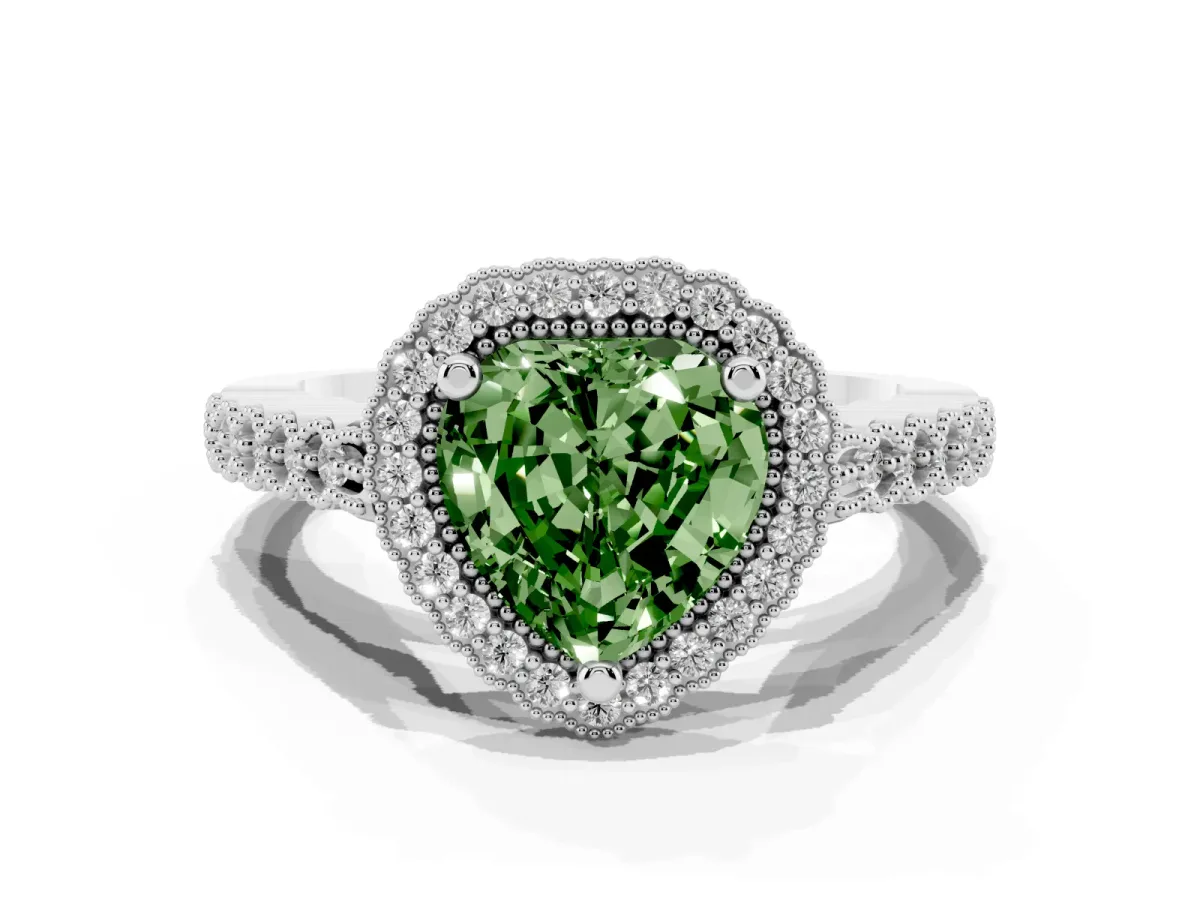 Fancy Green Heart Cut Cut Halo Pavé Solitaire Ring with Milgrain Band White gold