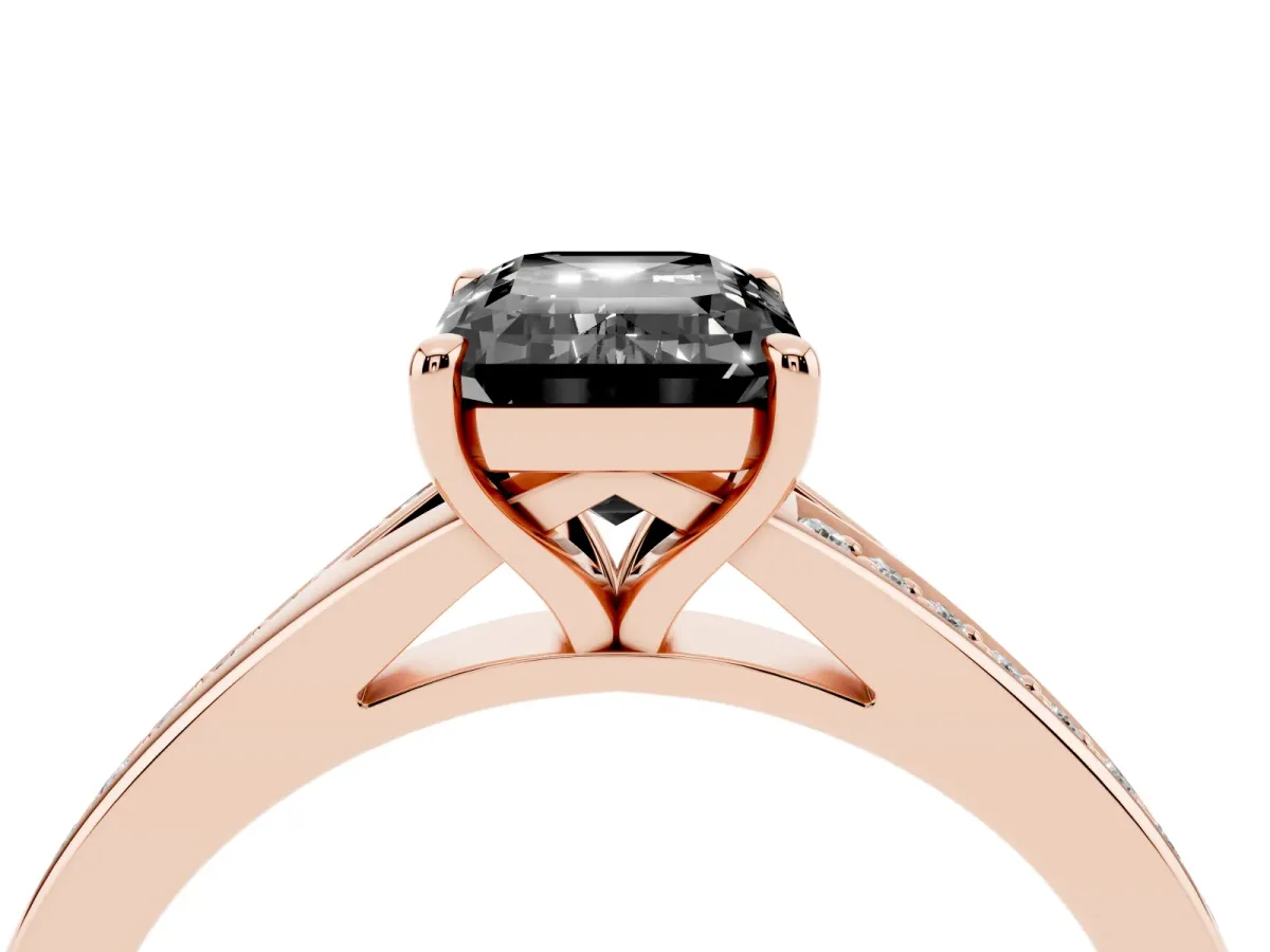 Fancy Black Emerald Cut Diamond Solitaire Ring with Pavé Band and Prong Setting Rose gold
