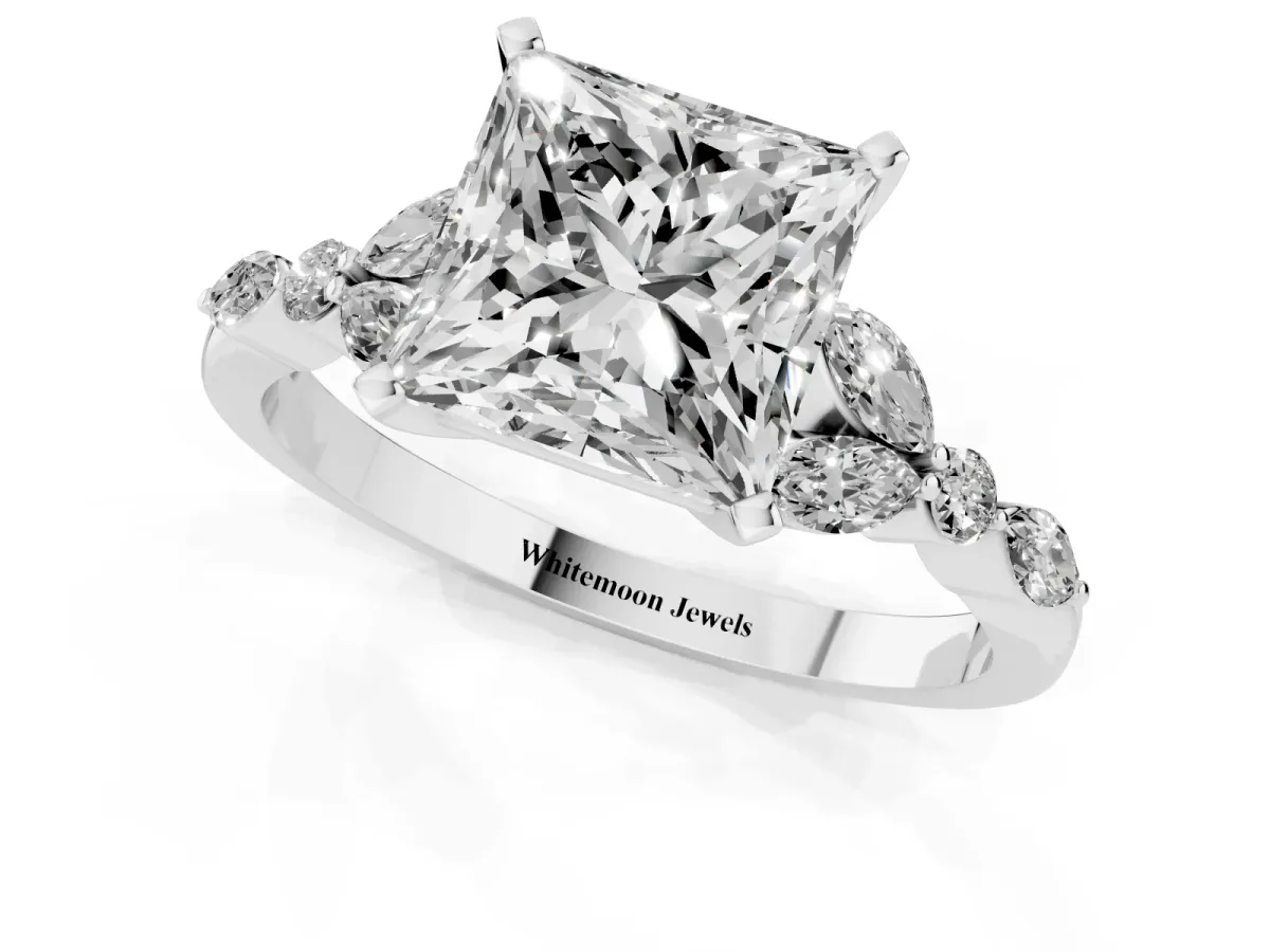 Princess Cut Diamond Solitaire Ring with Side Stones and Four-Prong Setting Platinum