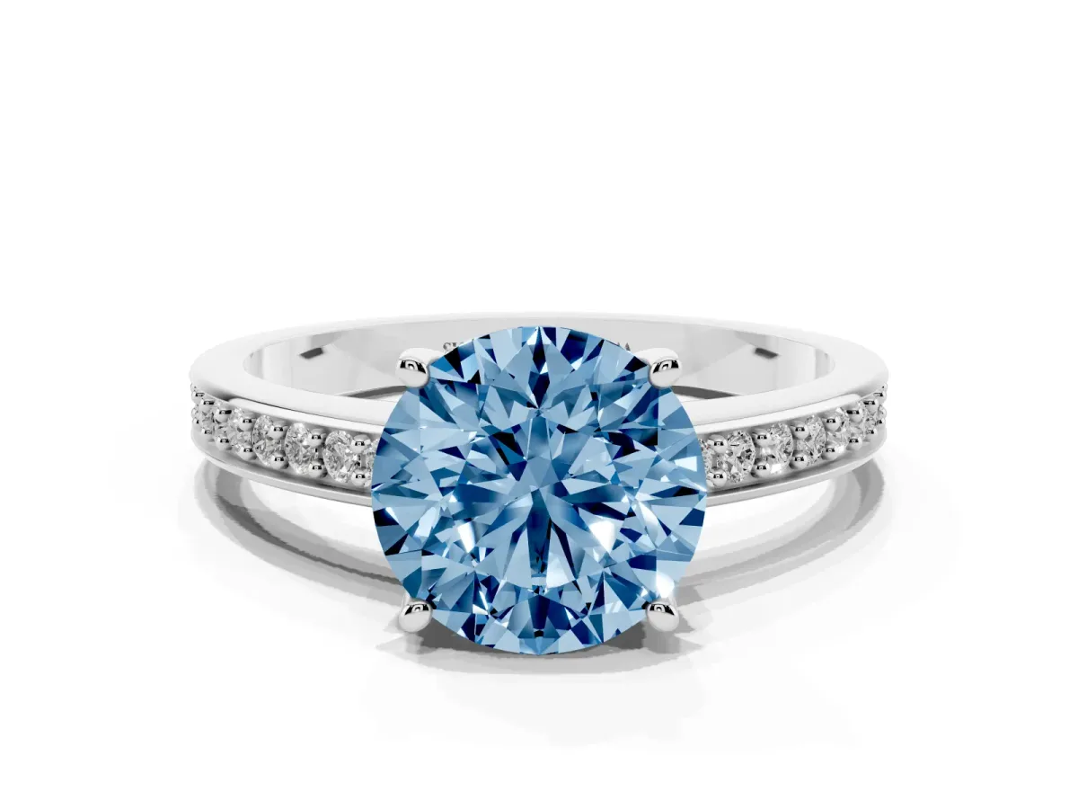 Fancy Blue Round Cut Solitaire Pavé Band Prong Setting Ring Silver