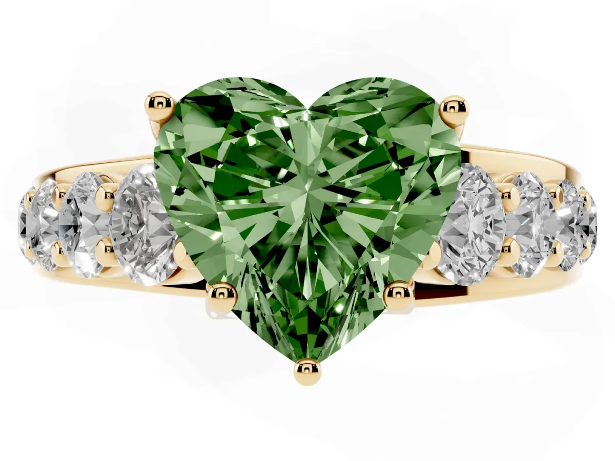 Fancy Green Heart Cut Diamond Engagement Ring with Pavé Band and Four-Prong Setting Yellow gold