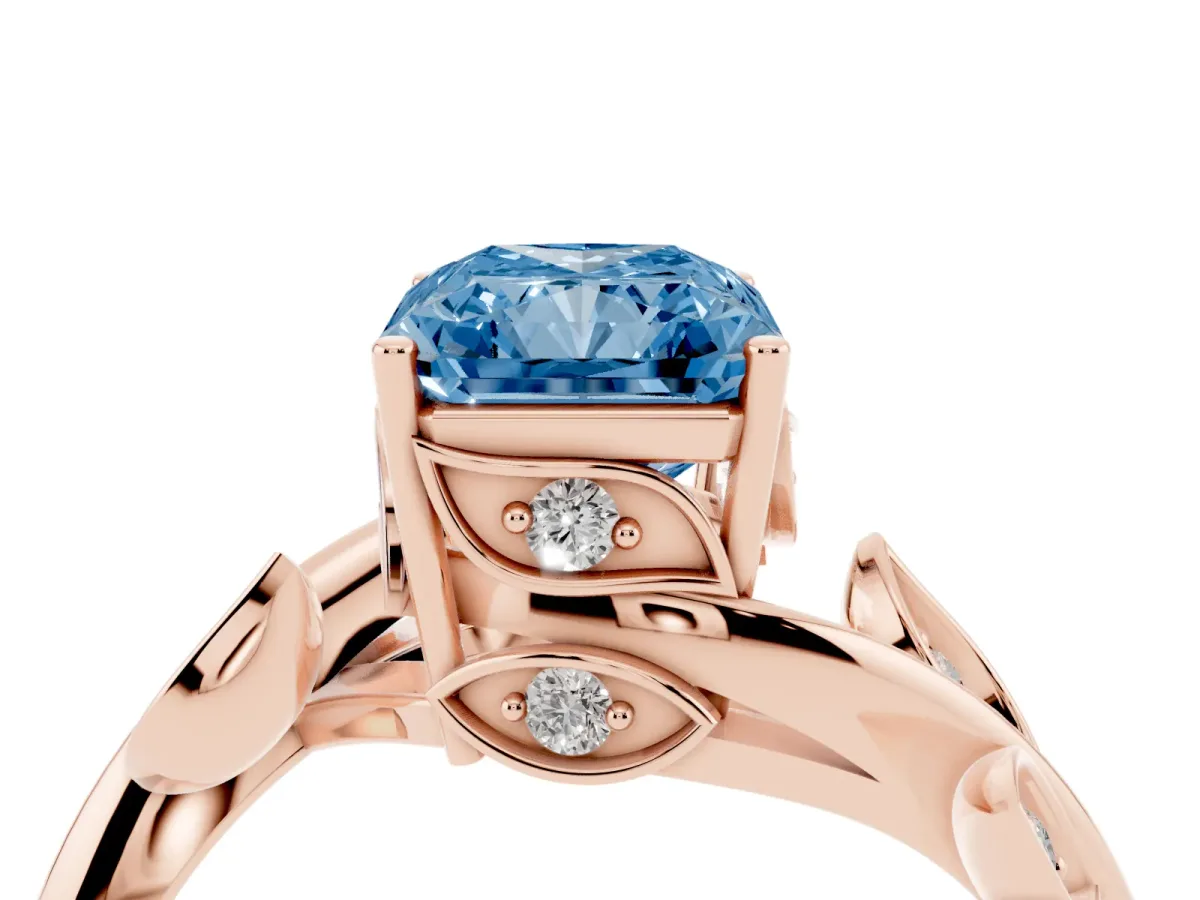 Fancy Blue Radiant Cut Solitaire Twist Engagement Ring with Leaf Accents and Prong Setting Rose gold