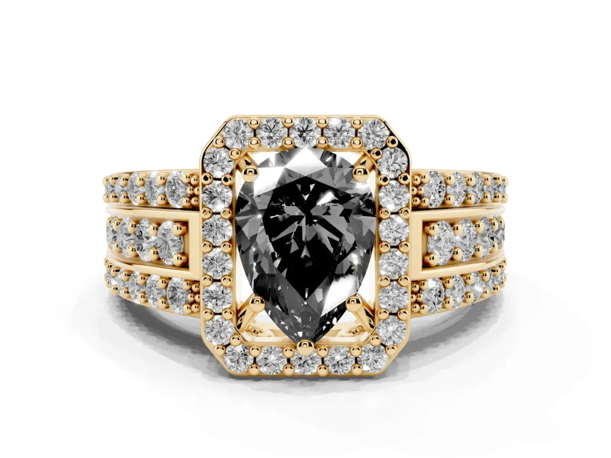Fancy Black Pear Cut Halo Diamond Ring with Round Split Shank and Prong Setting Yellow gold