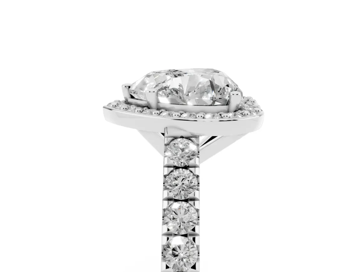 Heart Cut Cut Halo Diamond Engagement Ring with Pave Band and Four-Prong Setting White gold