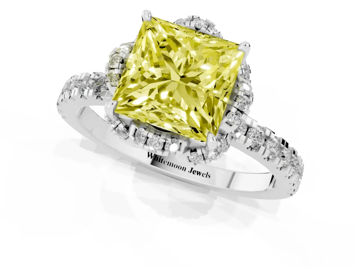 Fancy Yellow Princess Cut Halo Diamond Pave Band Ring with Four-Prong Setting Platinum