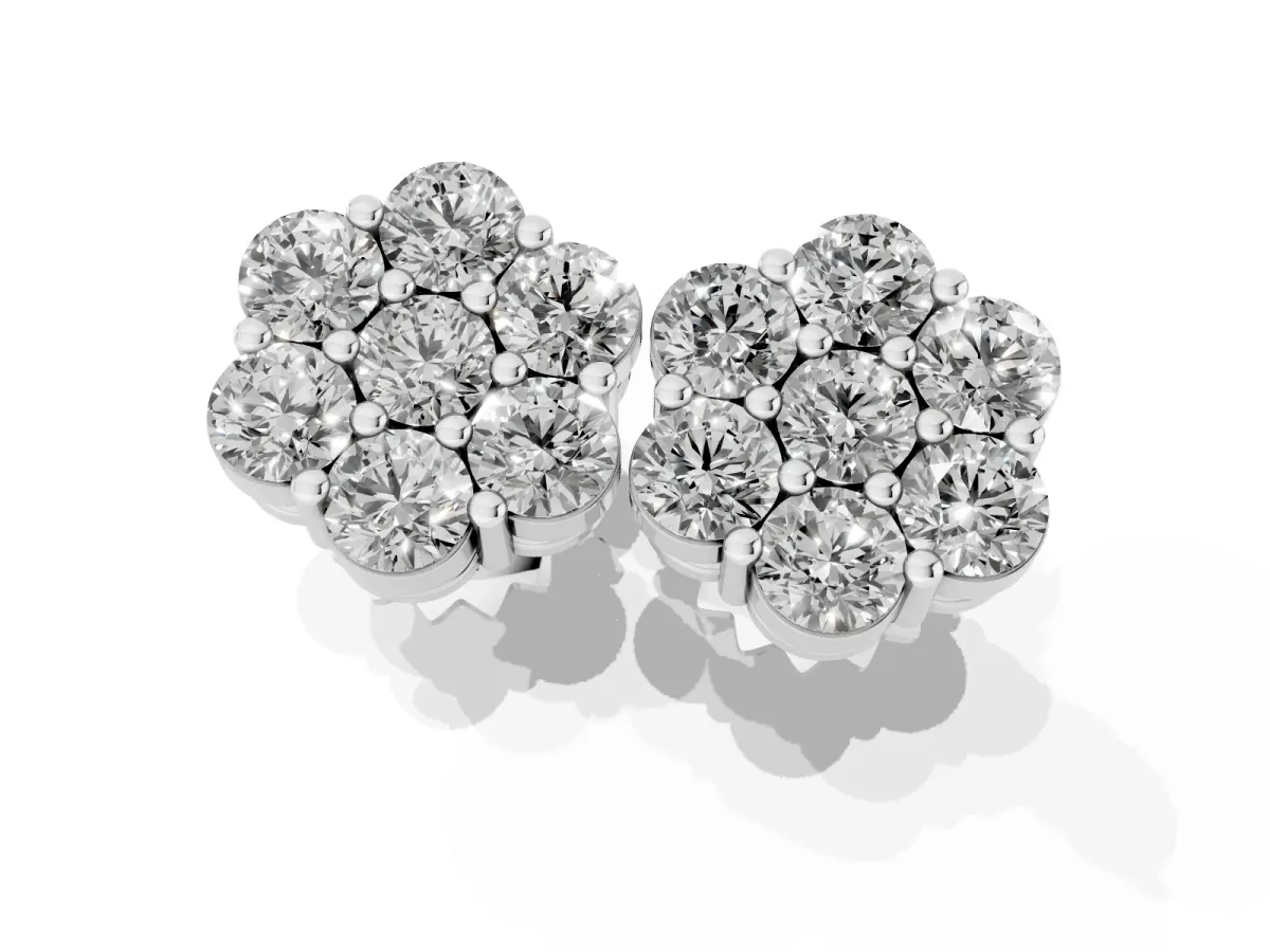 Cluster Round Diamond Stud Earrings with Prong Setting Silver
