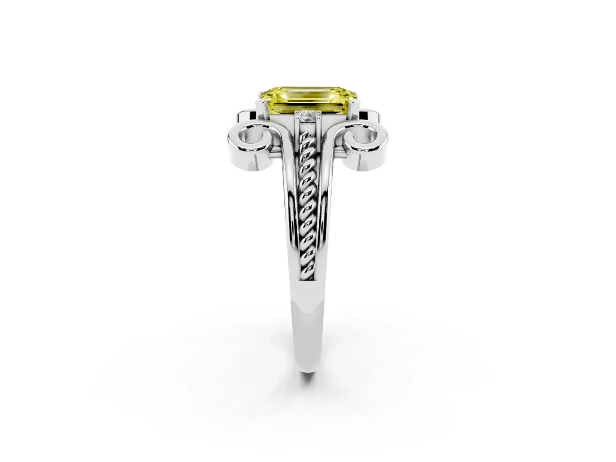 Fancy Yellow Emerald Cut Solitaire Twisted Band Scroll Prong Ring Silver