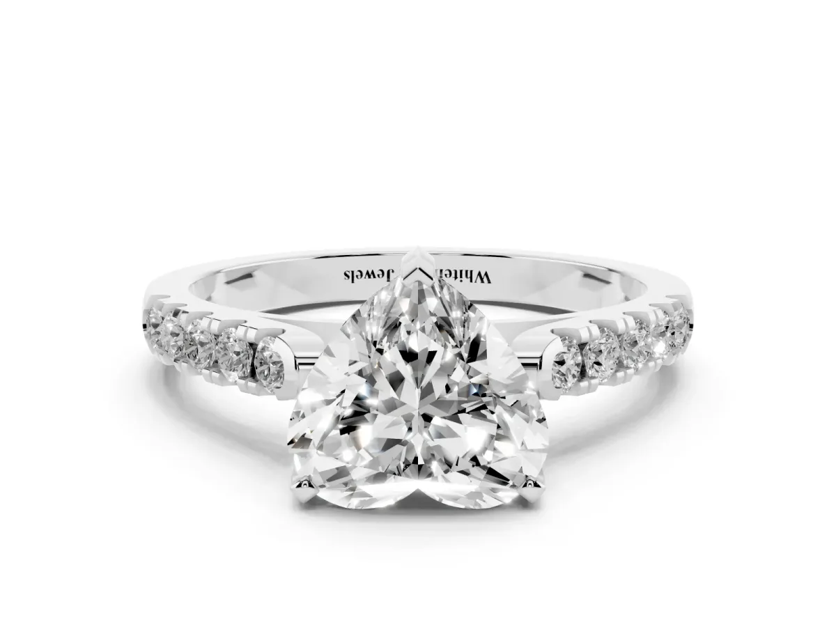 Heart Cut Diamond Pavé Band Solitaire Ring with Prong Setting Silver