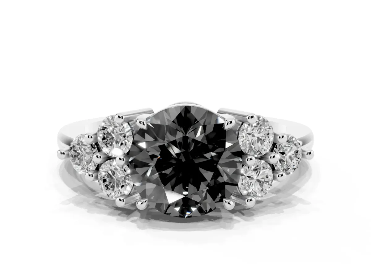 Fancy Black Round Cut Brilliant Diamond Cluster Accent Solitaire Ring with Prong Setting White gold