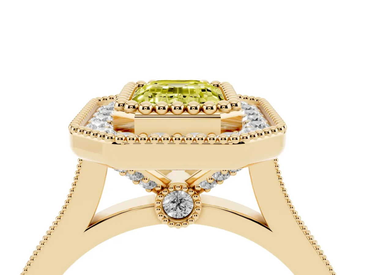Fancy Yellow Emerald Cut Diamond Halo Ring with Milgrain Frame and Pavé Band Yellow gold