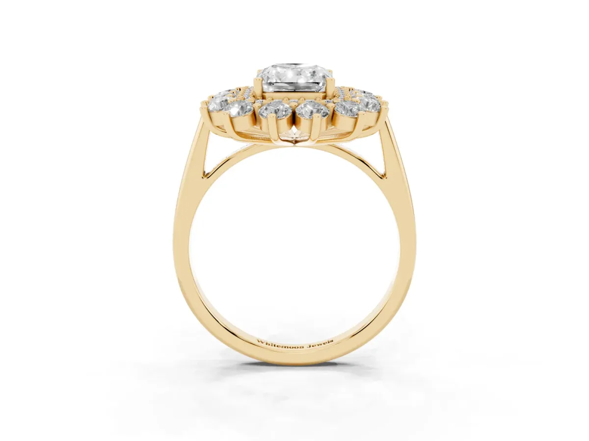 Radiant Cut Diamond Floral Double Halo Engagement Ring with Prong Setting Yellow gold