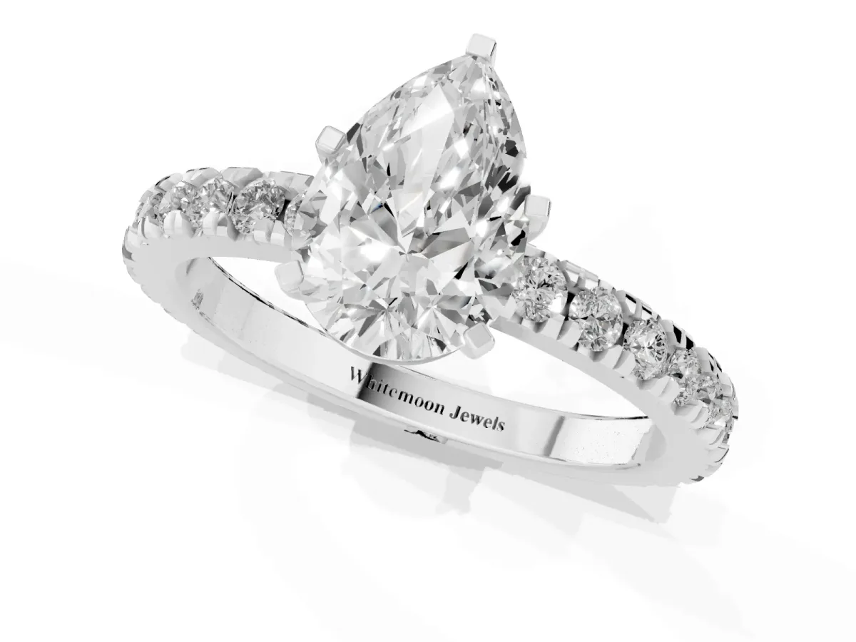 Pear Cut Diamond Pavé Band Solitaire with Four-Prong Setting Silver