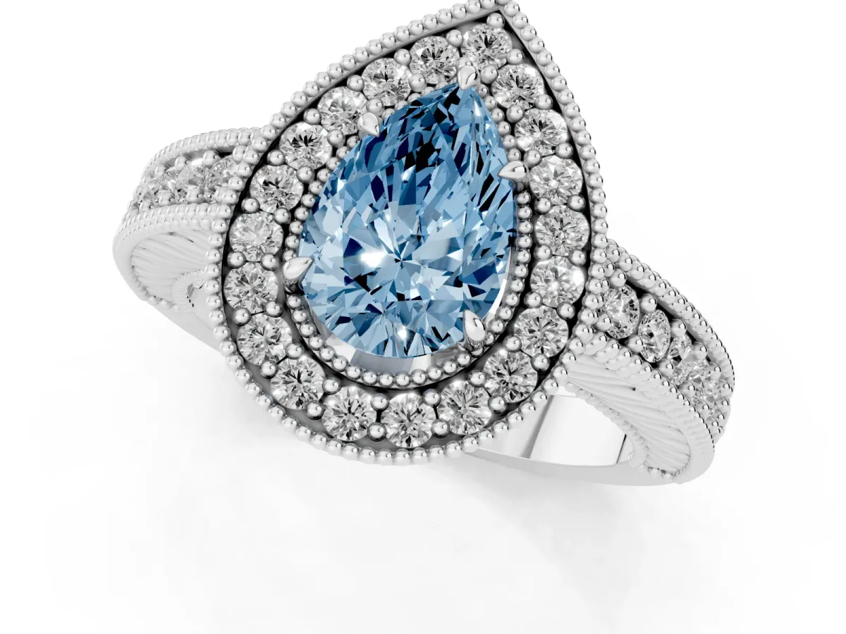 Fancy Blue Pear Cut Cut Halo Diamond Ring with Pavé Band and Four-Prong Setting Platinum