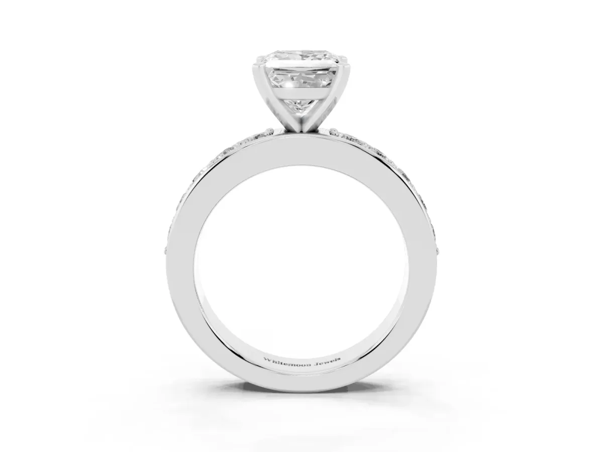 Princess Cut Diamond Engagement Ring with Channel Set Round Band and Prong Setting Platinum
