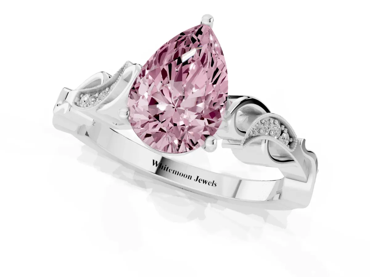 Fancy Pink Pear Cut Solitaire Vine Band with Milgrain Prong Setting Silver