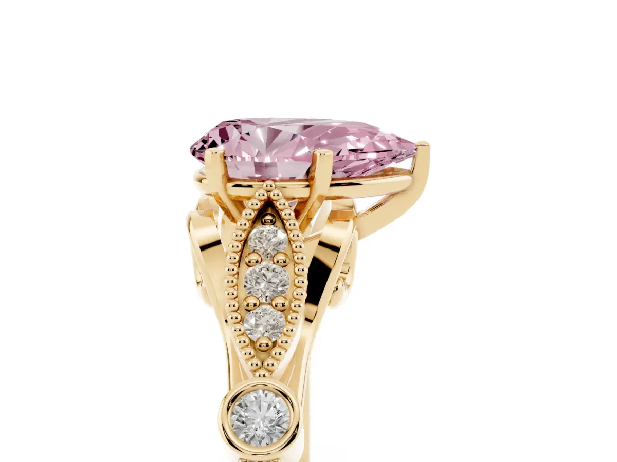 Fancy Pink Pear Cut Cut Diamond with Milgrain Marquise and Bezel Accents on a Solitaire Band with Prong Setting Yellow gold
