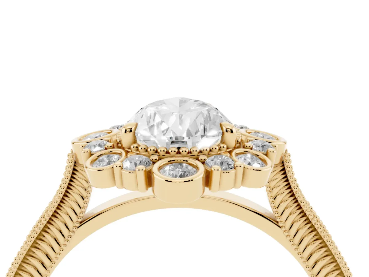 Pear Cut Halo Milgrain Pave Diamond Ring with Four-Prong Setting Yellow gold
