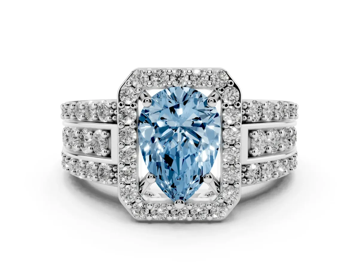 Fancy Blue Pear Cut Halo Diamond Ring with Round Split Shank and Prong Setting Platinum