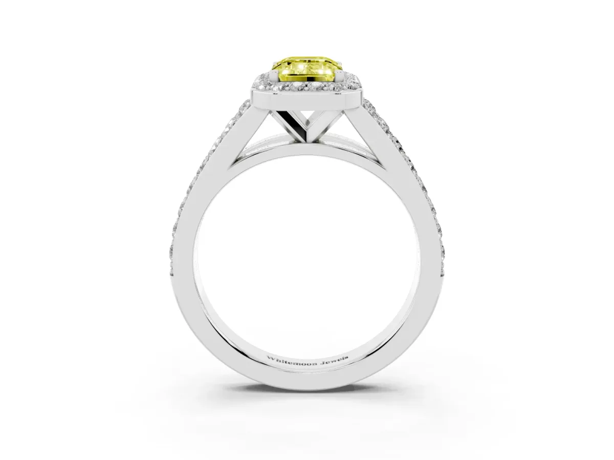 Fancy Yellow Emerald Cut Diamond Split Shank Halo Ring with Four-Prong Setting Silver