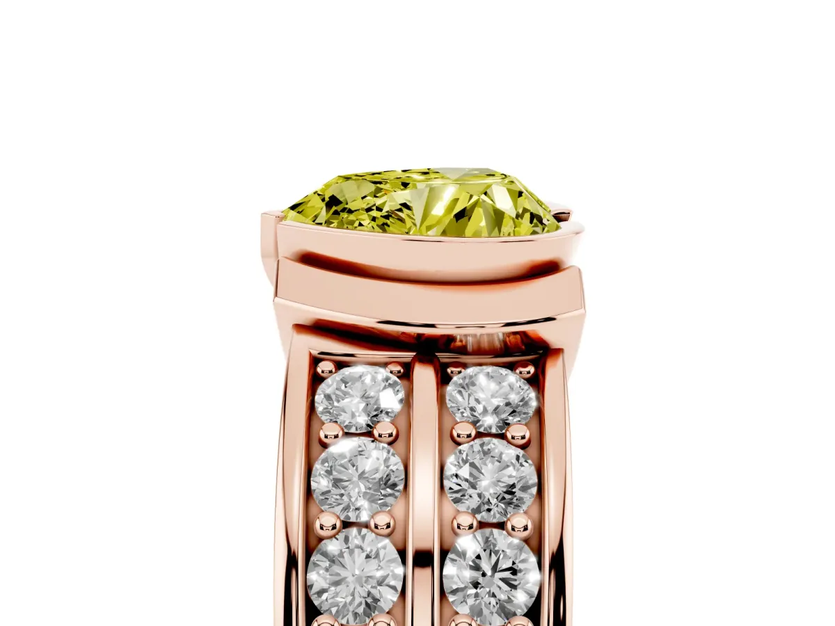 Fancy Yellow Heart Cut Brilliant Diamond Channel Set Wide Band Ring with Bezel Setting Rose gold