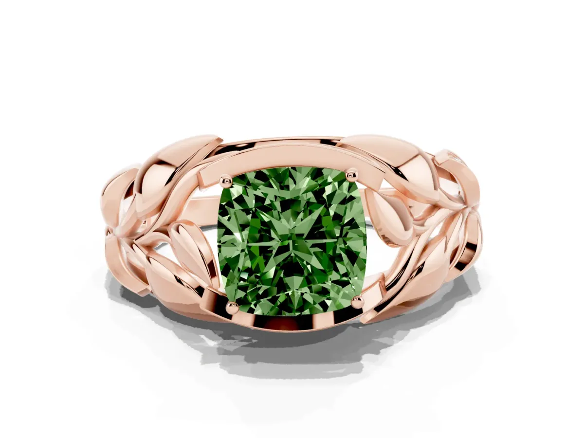 Fancy Green Cushion Cut Diamond Leaf-Inspired Engagement Ring with Round Accents and Prong Setting Rose gold
