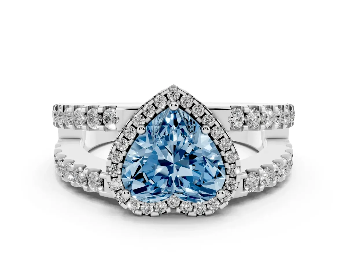 Fancy Blue Heart Cut Cut Halo Split Shank Diamond Ring with Four-Prong Setting Platinum