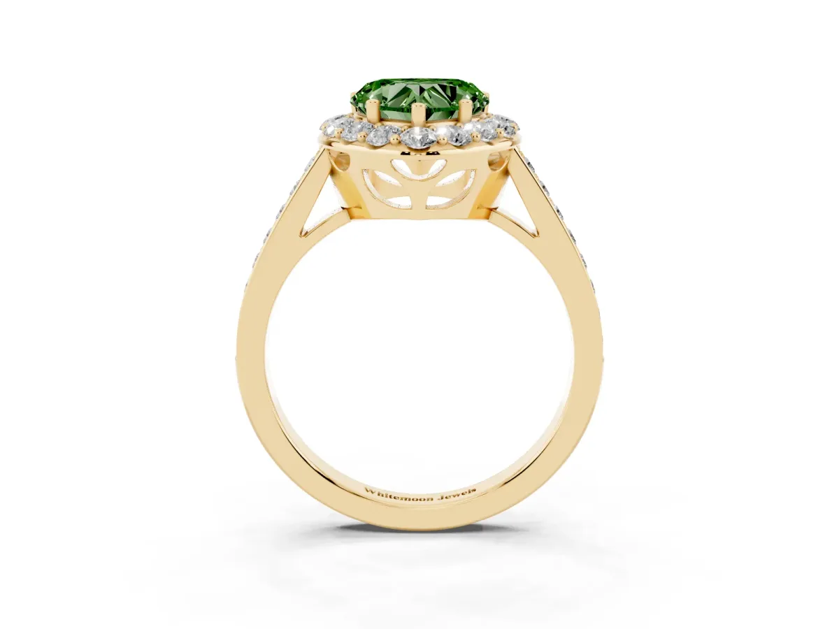 Fancy Green Heart Cut Diamond Floral Halo Ring with Pavé Band and Prong Setting Yellow gold