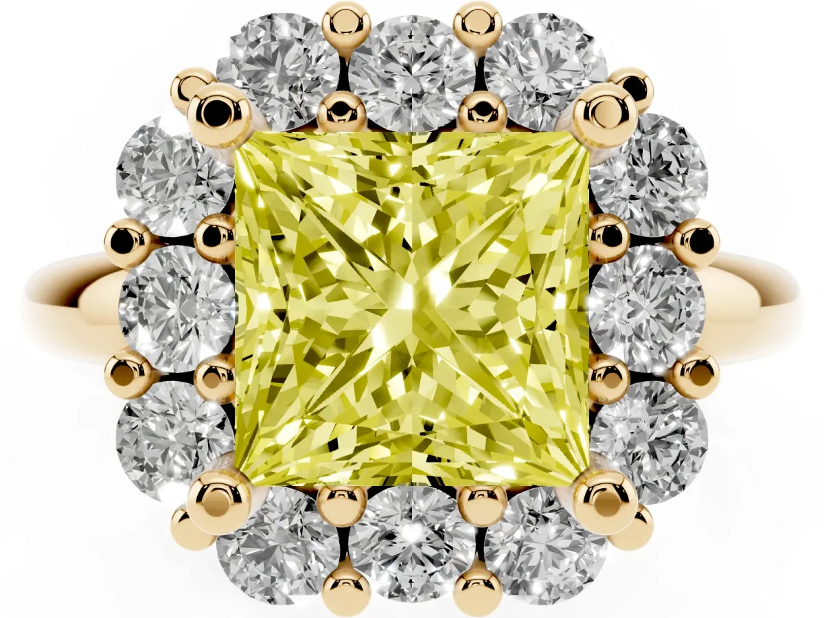 Fancy Yellow Princess Cut Halo Cluster Diamond Engagement Ring with Prong Setting and Polished Band Yellow gold