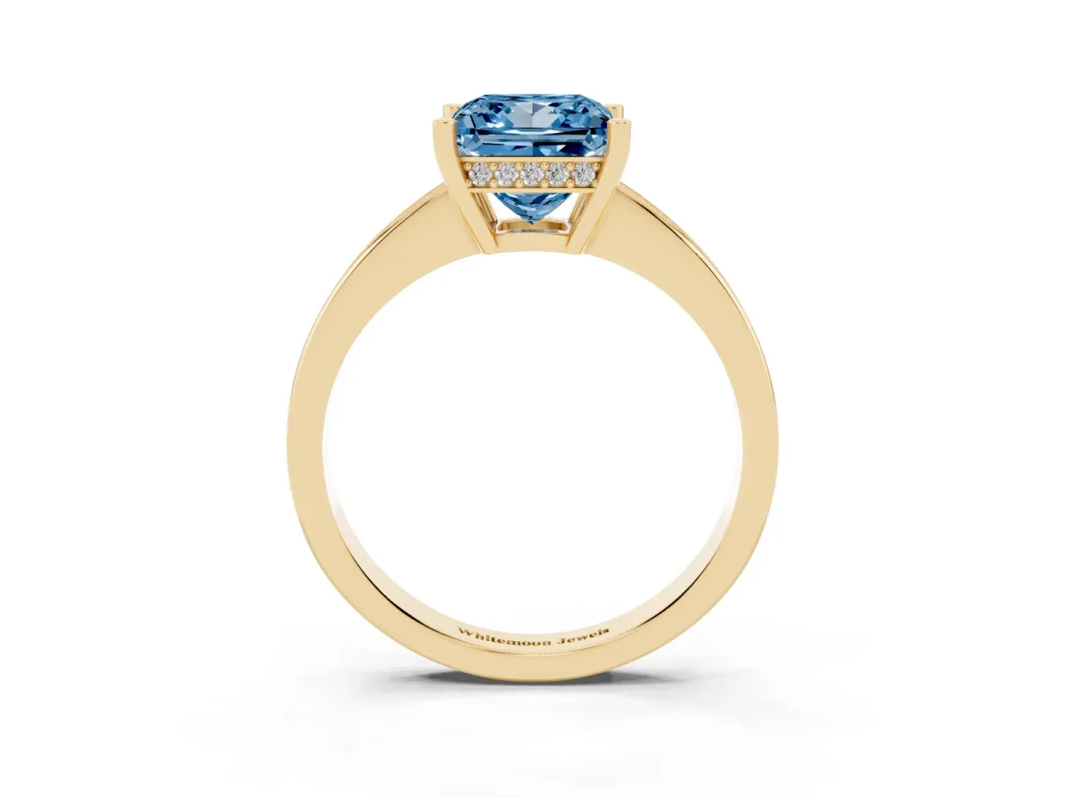 Fancy Blue Princess Cut Solitaire Pavé Band Prong Setting Ring Yellow gold