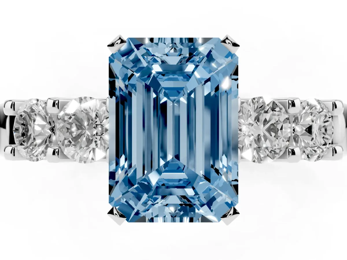 Fancy Blue Emerald Cut Brilliant Cut Diamond Five-Stone Prong Set Engagement Ring with Channel Band Silver
