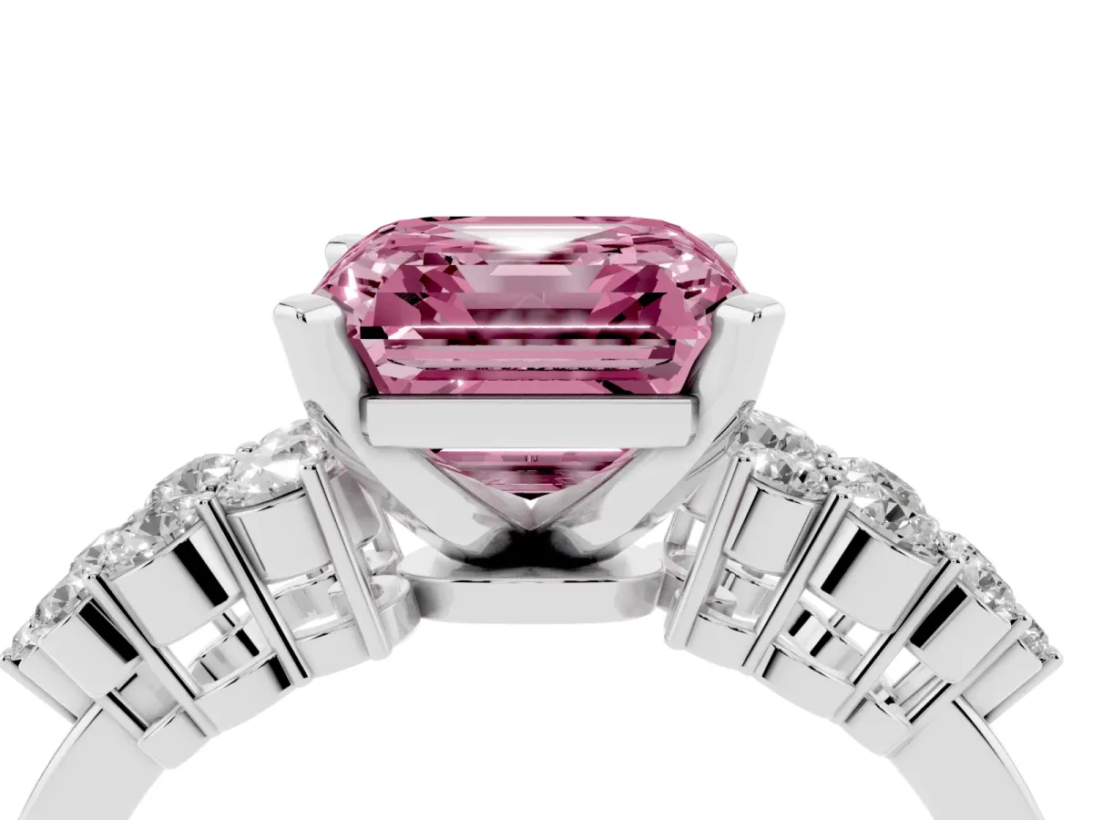 Fancy Pink Asscher Cut Cluster Diamond Engagement Ring with Pavé Band and Four-Prong Setting Silver