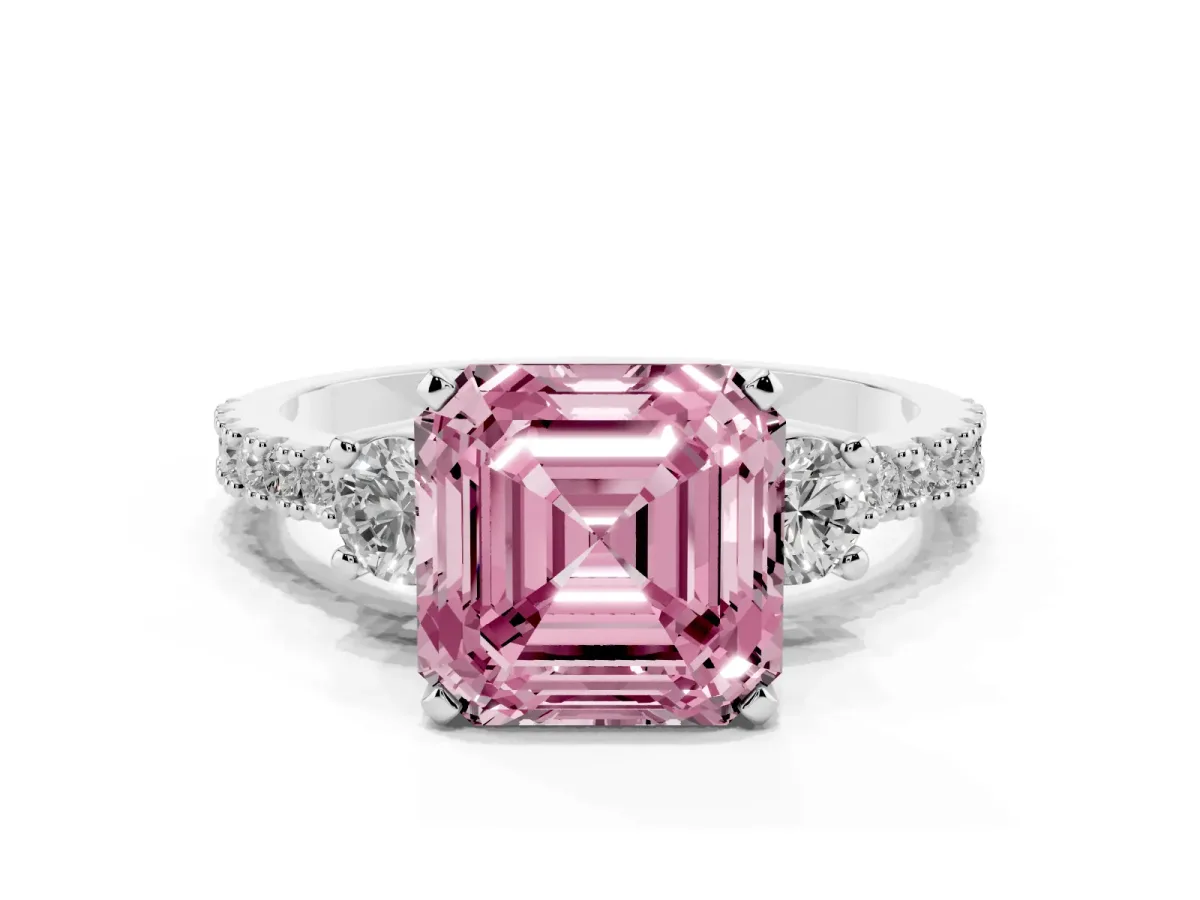Fancy Pink Asscher Cut Three-Stone Diamond Pavé Band with Prong Setting Silver
