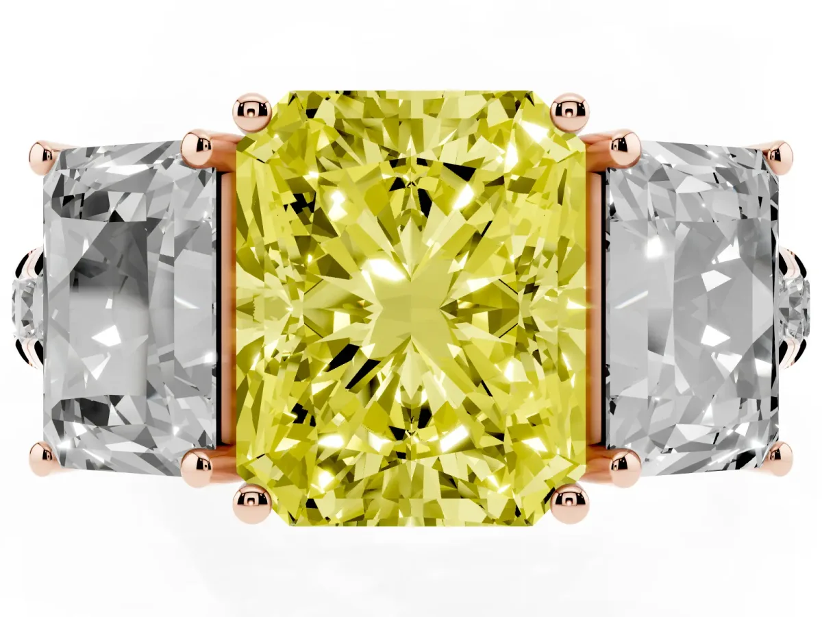 Fancy Yellow Three-Stone Radiant Cut Diamond Pavé Band with Prong Setting Rose gold
