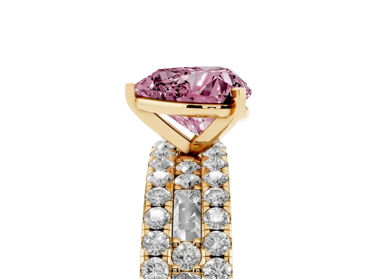 Fancy Pink Heart Cut Diamond Solitaire Ring with Pavé and Channel Set Band Yellow gold