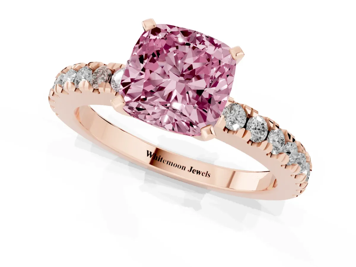 Fancy Pink Cushion Cut Solitaire Diamond with Pavé Band and Four-Prong Setting Rose gold